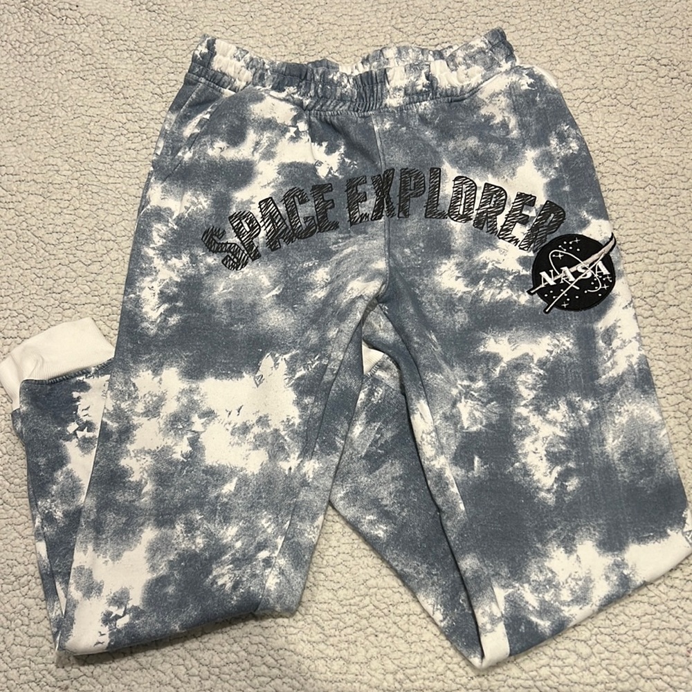 Mens Blue and White Marble Nasa Sweatpants Medium